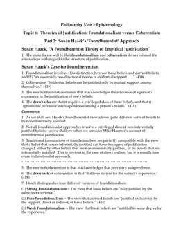 Foundationalism Versus Coherentism Part 2: Susan Haack’S ‘Foundherentist’ Approach Susan Haack, 