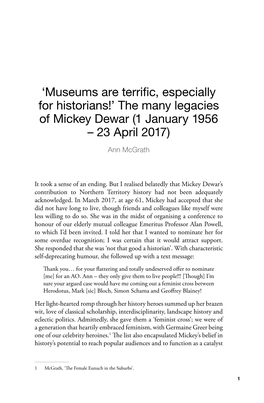 The Many Legacies of Mickey Dewar (1 January 1956 – 23 April 2017) Ann Mcgrath