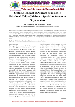 Status & Impact of Ashram Schools for Scheduled Tribe Children – Special Reference to Gujarat State