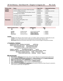 AP Art History Unit Sheet #4 ‐ Chapter 4: Aegean Art Ms. Cook