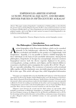 Empedocles Arbiter Symposii : Luxury, Political Equality, and Bizarre Dinner Parties in Fifth-Century Acragas *