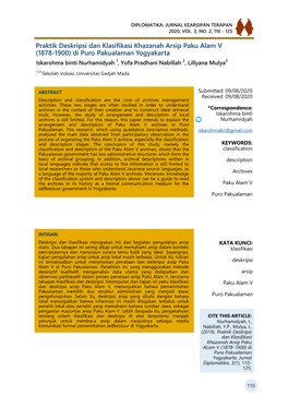Praktik Deskripsi Dan Klasifikasi Khazanah Arsip Paku Alam V (1878-1900) Di Puro Pakualaman Yogyakarta