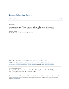 Separation of Powers in Thought and Practice Jeremy Waldron New York University Law School, Jeremy.Waldron@Nyu.Edu