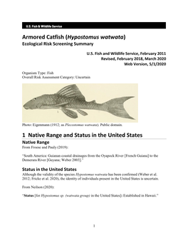 Armored Catfish (Hypostomus Watwata) Ecological Risk Screening Summary