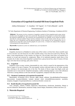 Extraction of Grapefruit Essential Oil from Grapefruit Peels