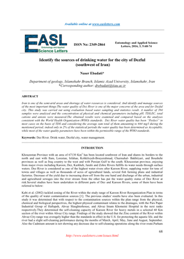 Identify the Sources of Drinking Water for the City of Dezful (Southwest of Iran)