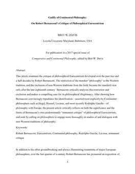 Gadfly of Continental Philosophy: on Robert Bernasconi's Critique Of