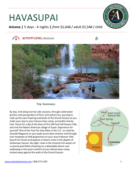 HAVASUPAI Arizona | 5 Days - 4 Nights | from $1,648 / Adult $1,548 / Child