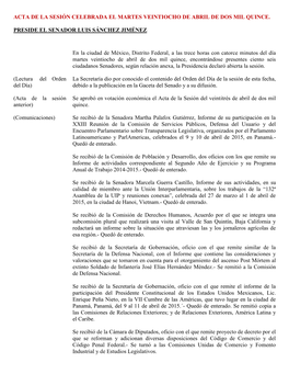 Acta De La Sesión Celebrada El Martes Veintiocho De Abril De Dos Mil Quince