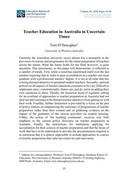 Teacher Education in Australia in Uncertain Times