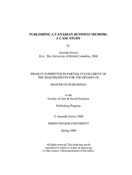 Publishing a Canadian Business Memoir: a Case Study