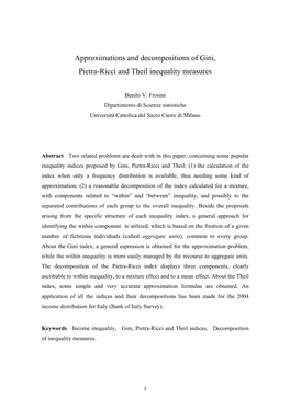 Approximations and Decompositions of Gini, Pietra-Ricci and Theil Inequality Measures