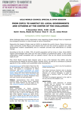 From Cop21 to Habitat Iii: Local Governments and Citizens at the Center of the Challenges