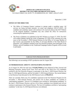 1 OFFICE of CAMPAIGN FINANCE DISTRICT of COLUMBIA BOARD of ELECTIONS September 2, 2020 OFFICE of the DIRECTOR • the Office Of