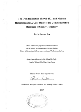 The Irish Revolution of 1916-1921 and Modern Remembrance: a Case Study of the Commemorative Heritages of County Tipperary