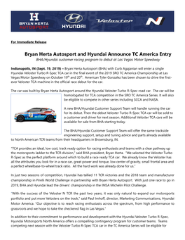 Bryan Herta Autosport and Hyundai Announce TC America Entry BHA/Hyundai Customer Racing Program to Debut at Las Vegas Motor Speedway