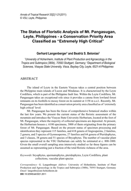 The Status of Floristic Analysis of Mt. Pangasugan, Leyte, Philippines - a Conservation Priority Area Classified As “Extremely High Critical”