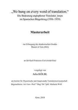 „We Hung on Every Word of Translation.“ Die Bedeutung Anglophoner Translator Innen Im Spanischen Bürgerkrieg (1936–1939)