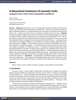 A Theoretical Treatment of Memetic Traits Using Gene-Meme, Meme-Meme and Population Equilibrium