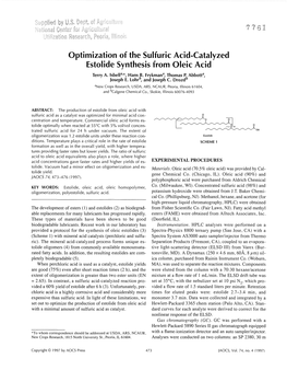 Optimization of the Sulfuric Acid-Catalyzed Estolide Synthesis from Oleic Acid a Terry A