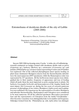 Entomofauna of Decideous Shrubs of the City of Lublin (2005-2006)