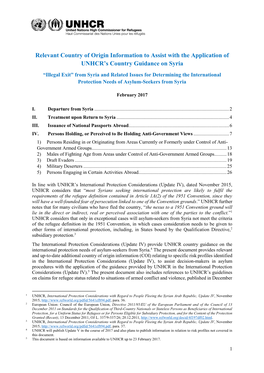 Relevant Country of Origin Information to Assist with the Application of UNHCR's Country Guidance on Syria