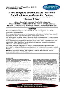 A New Subgenus of Giant Snakes (Anaconda) from South America (Serpentes: Boidae)