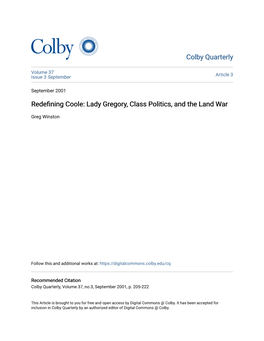 Redefining Coole: Lady Gregory, Class Politics, and the Land War