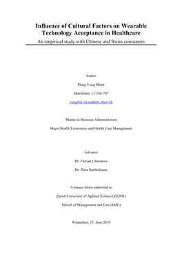 Influence of Cultural Factors on Wearable Technology Acceptance in Healthcare an Empirical Study with Chinese and Swiss Consumers