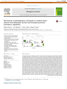 Recruitment of Aphidophagous Arthropods to Sorghum Plants Infested with Melanaphis Sacchari and Schizaphis Graminum (Hemiptera: Aphididae) ⇑ Felipe Colares A,B, J.P