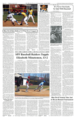 SPF Baseball Raiders Topple Elizabeth Minutemen, 13-2