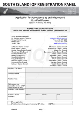 Application for Acceptance As an Independent Qualified Person (Section 7, Building Act 2004)