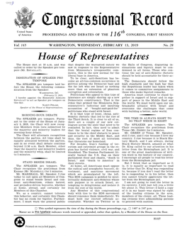 Congressional Record United States Th of America PROCEEDINGS and DEBATES of the 116 CONGRESS, FIRST SESSION