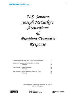 U.S. Senator Joseph Mccathy's Accusations & President Truman's