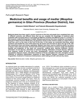 Medicinal Benefits and Usage of Medlar (Mespilus Germanica) in Gilan Province (Roudsar District), Iran