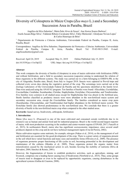 Diversity of Coleoptera in Maize Crops (Zea Mays L.) and a Secondary Succession Area in Paraíba, Brazil