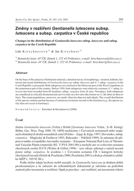 Změny V Rozšíření Gentianella Lutescens Subsp. Lutescens a Subsp