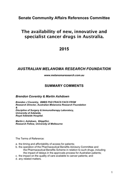 The Availability of New, Innovative and Specialist Cancer Drugs in Australia