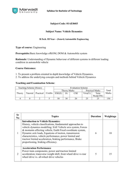 01AE0603 Subject Name: Vehicle Dynamics Type of Course