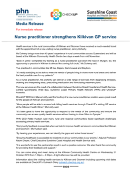 Media Release for Immediate Release Nurse Practitioner Strengthens Kilkivan GP Service