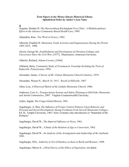 Term Papers in the Menno Simons Historical Library Alphabetical Order by Author’S Last Name