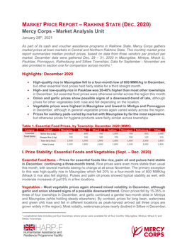 RAKHINE STATE (DEC. 2020) Mercy Corps - Market Analysis Unit January 28Th, 2021