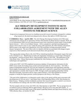 Als Therapy Development Institute Signs Collaboration Agreement with the Allen Institute for Brain Science