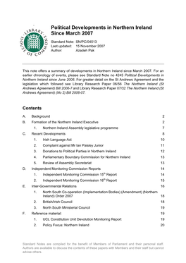 Political Developments in Northern Ireland Since March 2007