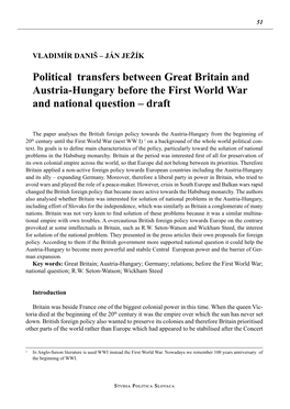 Political Transfers Between Great Britain and Austria-Hungary Before the First World War and National Question – Draft