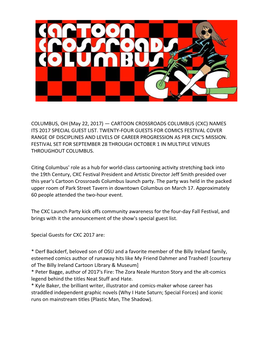 Cartoon Crossroads Columbus (Cxc) Names Its 2017 Special Guest List