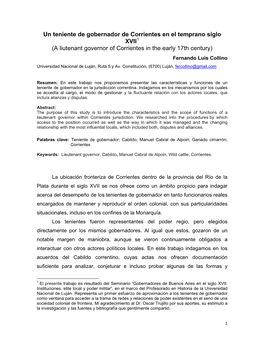 Un Teniente De Gobernador De Corrientes En El Temprano Siglo XVII