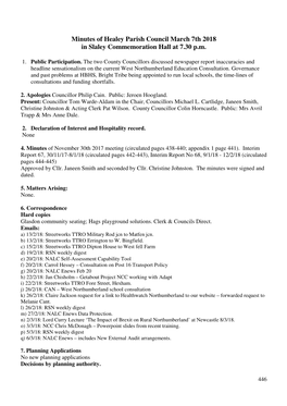 Minutes of Healey Parish Council March 7Th 2018 in Slaley Commemoration Hall at 7.30 P.M