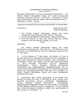 Eluru Urban Development Authority (EUDA) with Head Quarters at Eluru – Notification - Orders – Issued