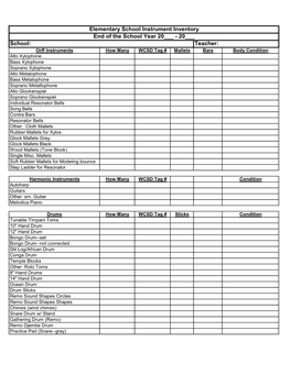 Elementary School Instrument Inventory End of the School Year 20